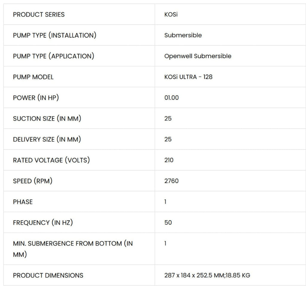 Kirloskar KOSI-128 1 HP single-phase open well submersible pump.