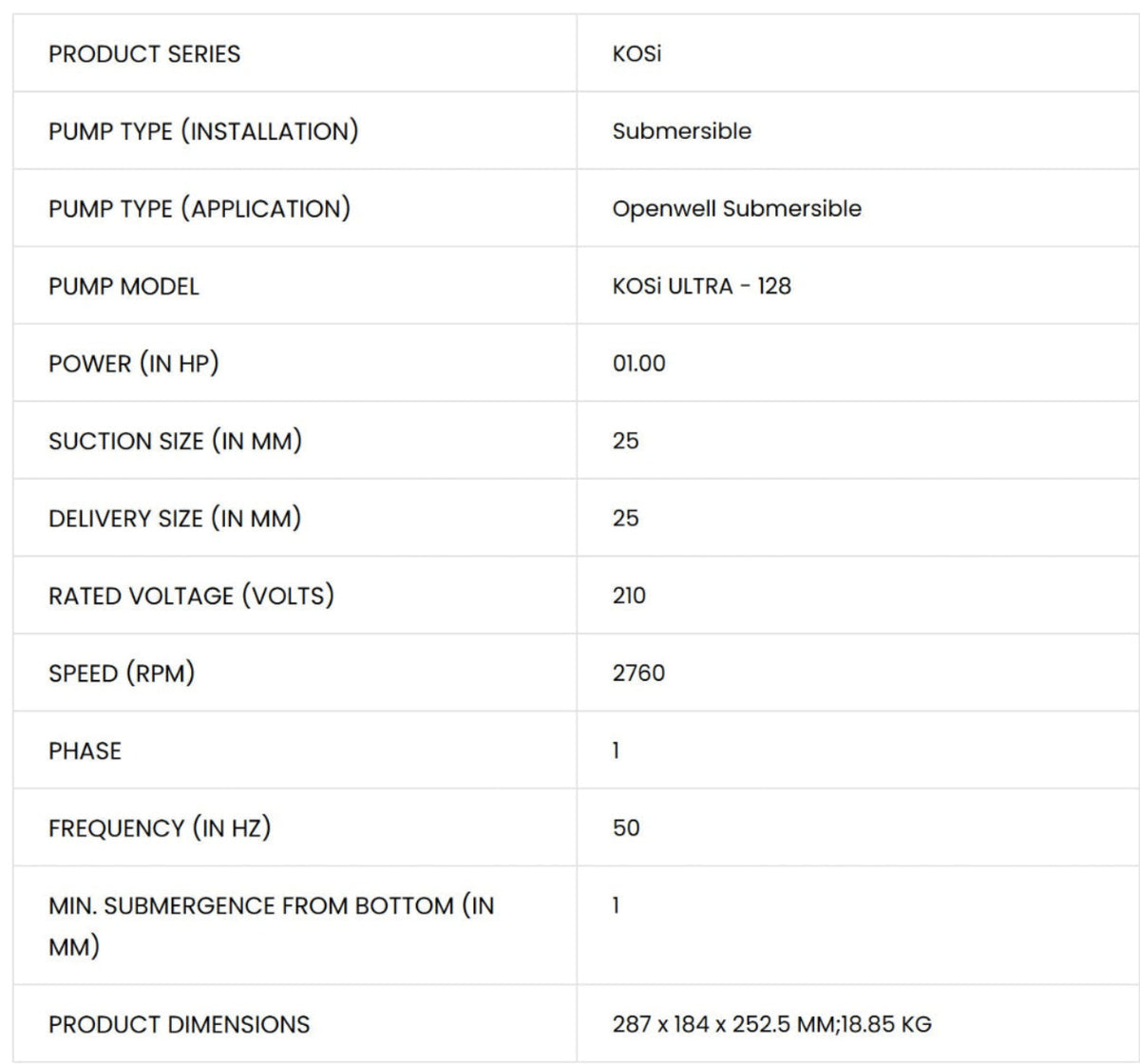 Kirloskar KOSI-128 1 HP single-phase open well submersible pump.