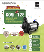 Kirloskar KOSI-128 1 HP single-phase open well submersible pump with 28 metre head.