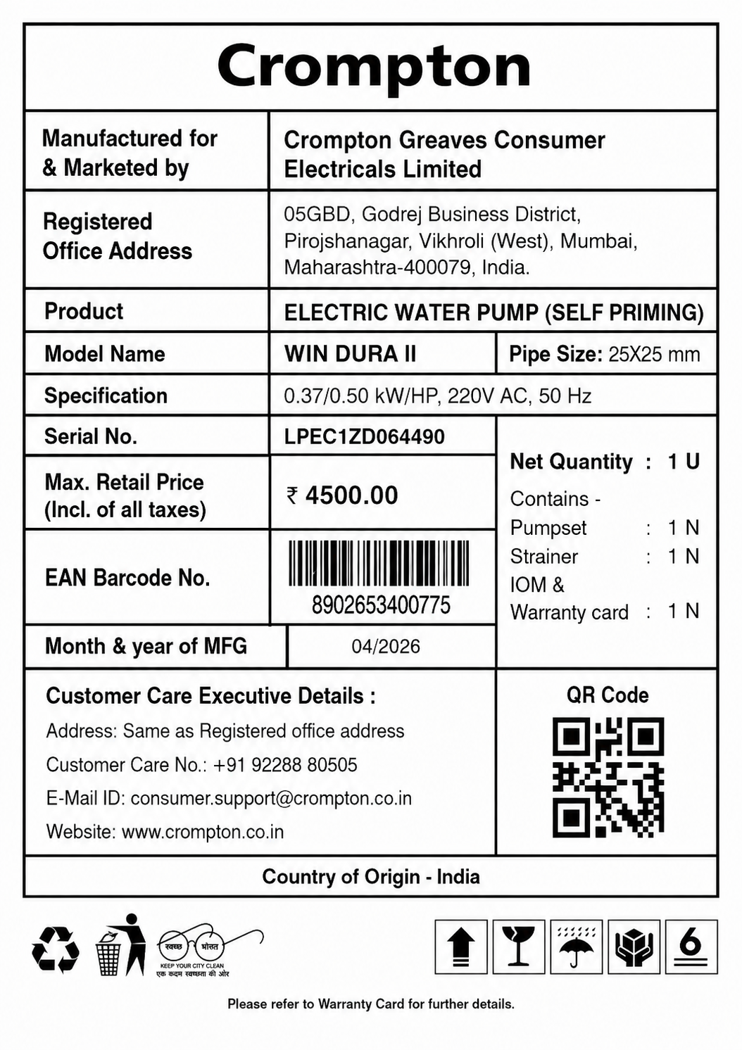 Crompton Win DURA II 0.5 HP Self Priming Water Pump - Anti Jam Winding - Anti Rust Coating - 2 Years Manufacturer's Warranty