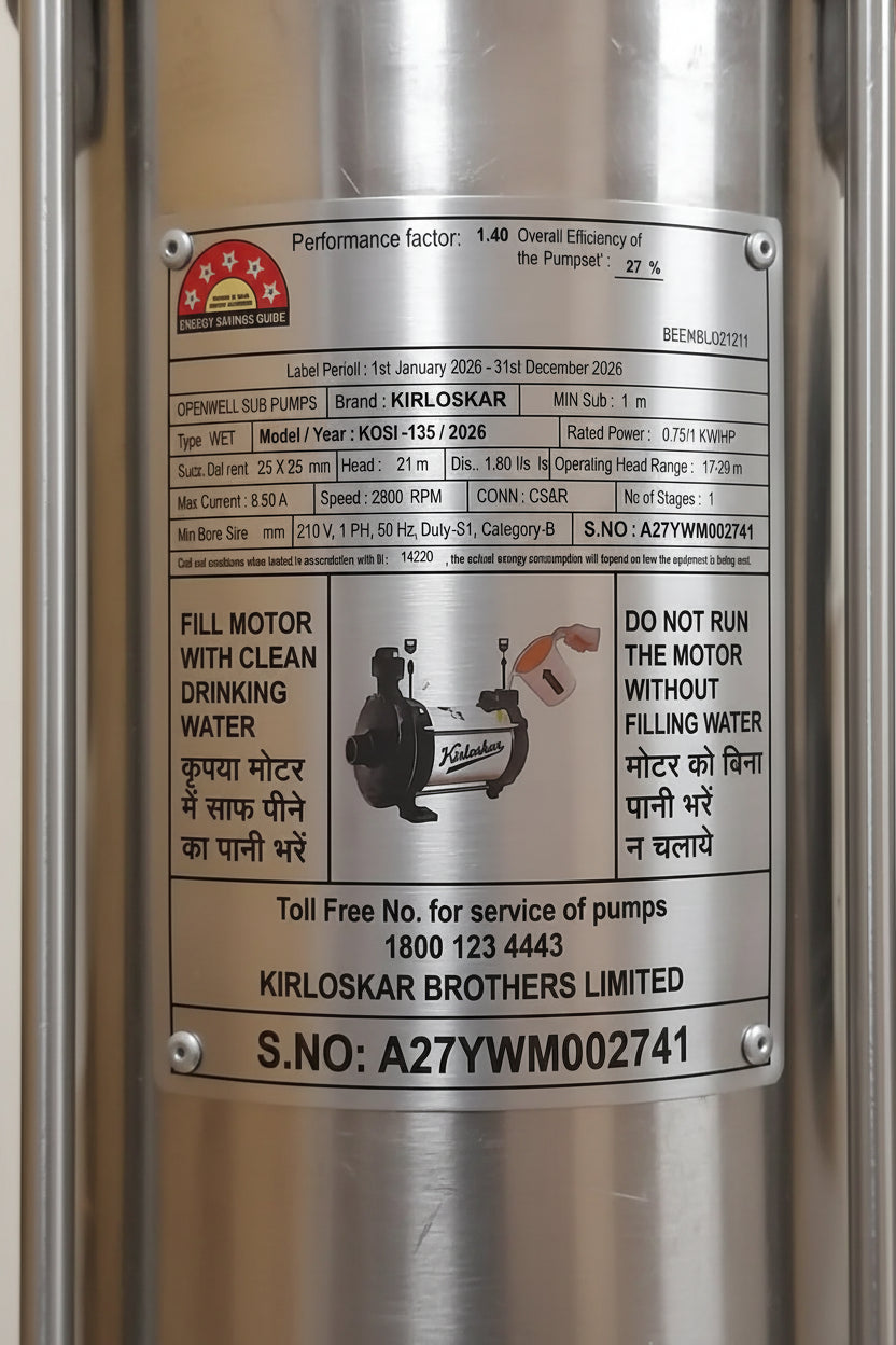 KIRLOSKAR KOSI-135 1 HP SINGLE PHASE 210V - OPEN WELL SUBMERSIBLE PUMP