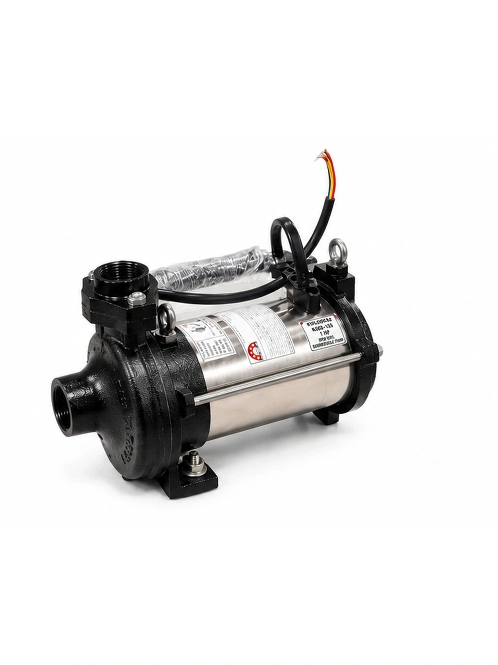 A stainless steel and black electric pump with a protective plastic wrap on its main cylinder, featuring a single red and yellow wire lead, set against a plain white background.
