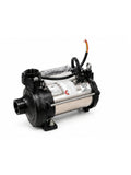 A stainless steel and black electric pump with a protective plastic wrap on its main cylinder, featuring a single red and yellow wire lead, set against a plain white background.