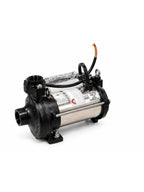 A stainless steel and black electric pump with a protective plastic wrap on its main cylinder, featuring a single red and yellow wire lead, set against a plain white background.