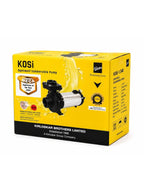 A yellow and black retail box for a Kosi openwell submersible pump, featuring a printed product photo and specifications, photographed on a white background.