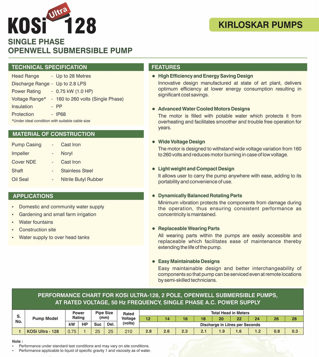 1. Kirloskar KOSI-128 open well submersible pump with 25 × 25 mm connections and a 1 HP motor.