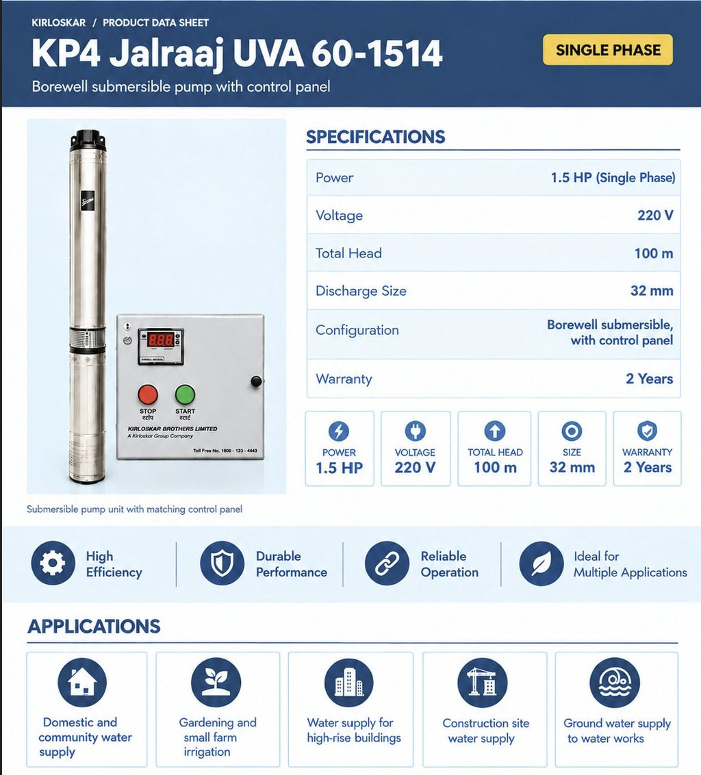 KIRLOSKAR KP4 JALRAAJ UVA 60-1514 - 1.5 HP - SINGLE PHASE - 108 MTR HEAD - 32 MM SIZE - BOREWELL SUBMERSIBLE PUMP WITH PANEL BOARD - 2 YEAR WARRANTY