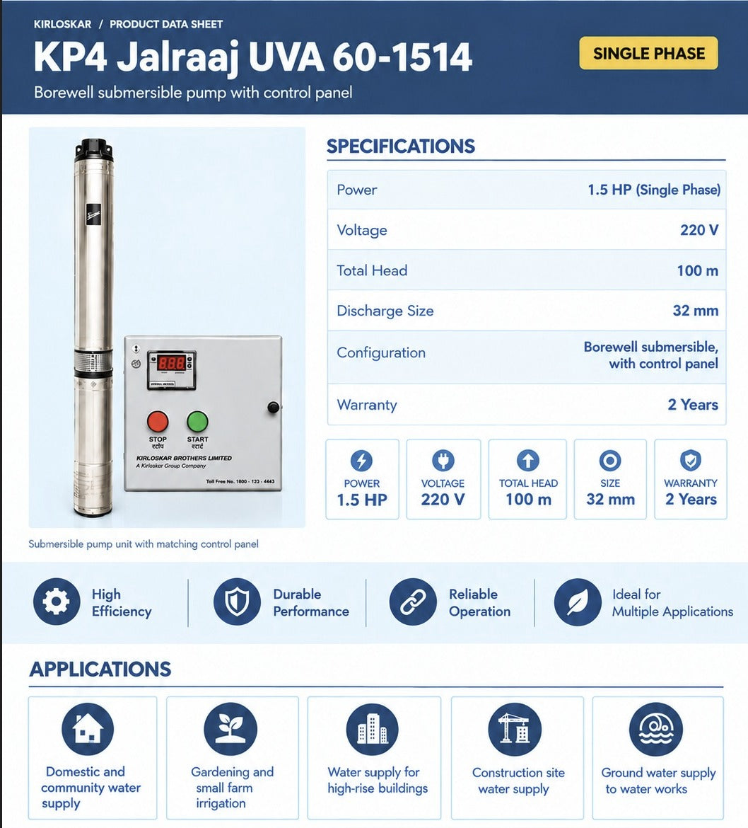 KIRLOSKAR KP4 JALRAAJ UVA 60-1514 - 1.5 HP - SINGLE PHASE - 108 MTR HEAD - 32 MM SIZE - BOREWELL SUBMERSIBLE PUMP WITH PANEL BOARD - 2 YEAR WARRANTY