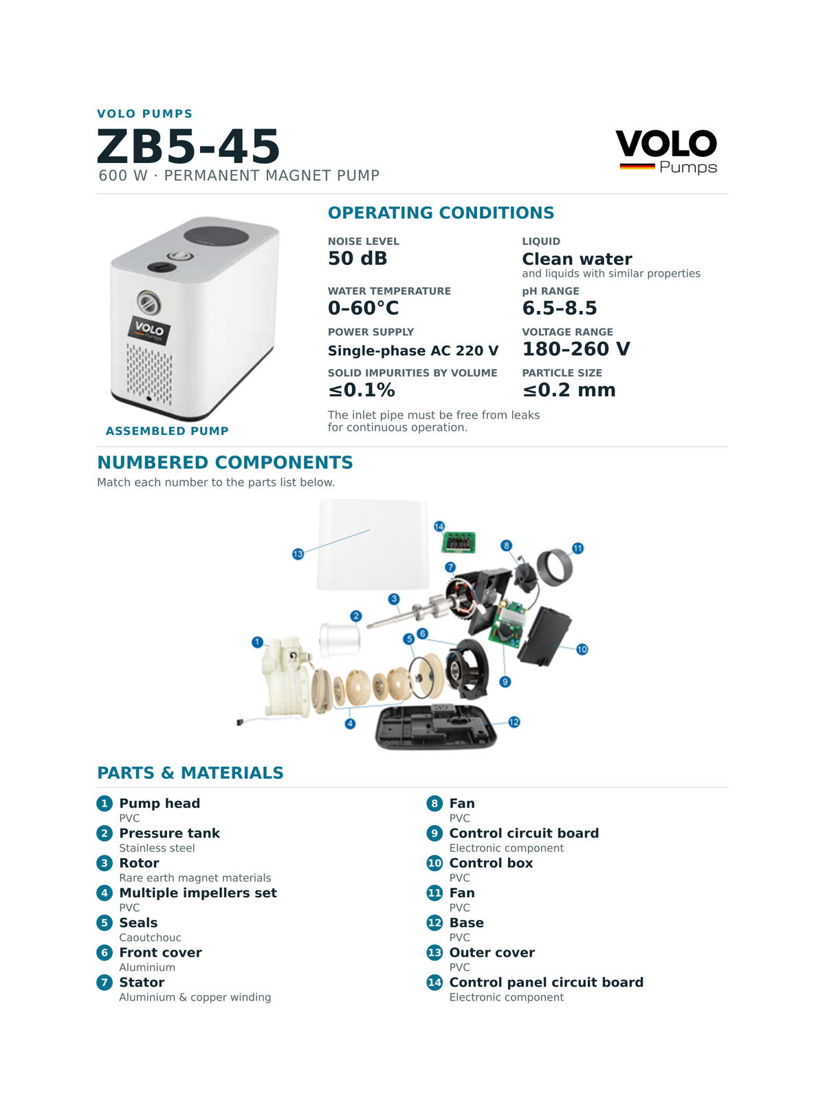 1. VOLO ZB5-45 pressure booster pump for household water supply