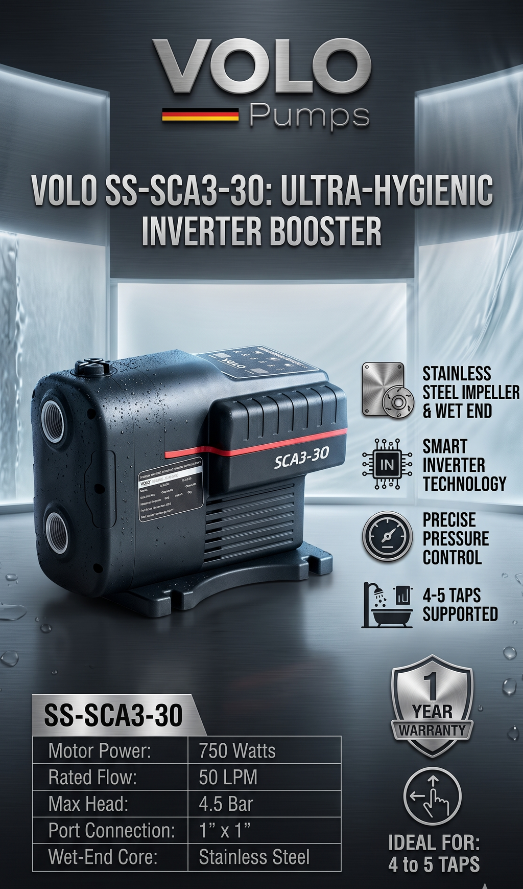 VOLO - SCA3-30 - 750 WATTS STAINLESS STEEL BLDC PRESSURE BOOSTER PUMP
