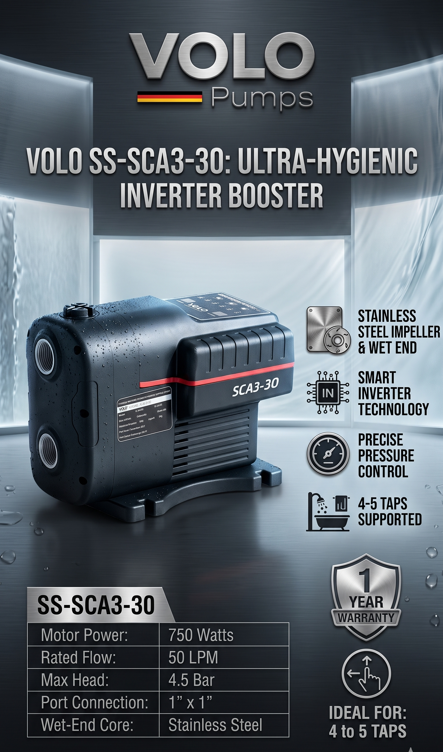 VOLO - SCA3-30 - 750 WATTS STAINLESS STEEL BLDC PRESSURE BOOSTER PUMP