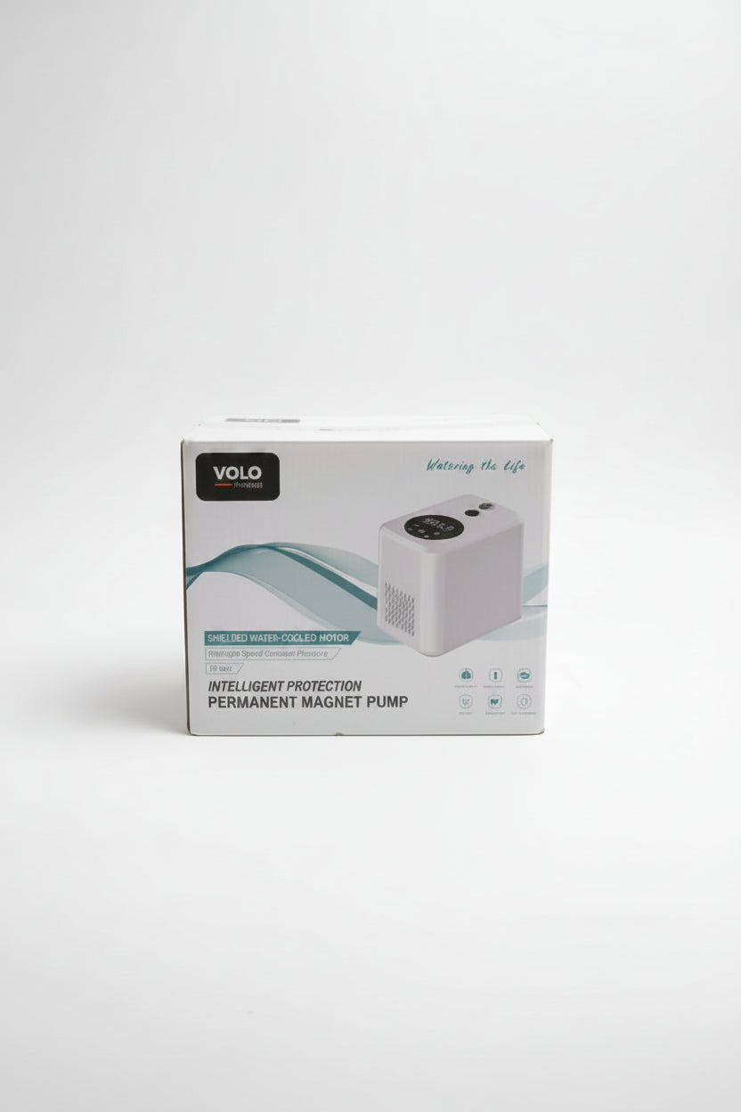 VOLO white smart water pump with black top panel and coiled power cable, isolated on a clean light gray background for pump-shop-ak-brothers.