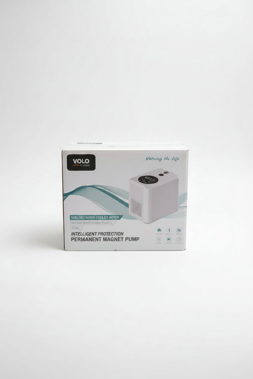 VOLO white smart water pump with black top panel and coiled power cable, isolated on a clean light gray background for pump-shop-ak-brothers.