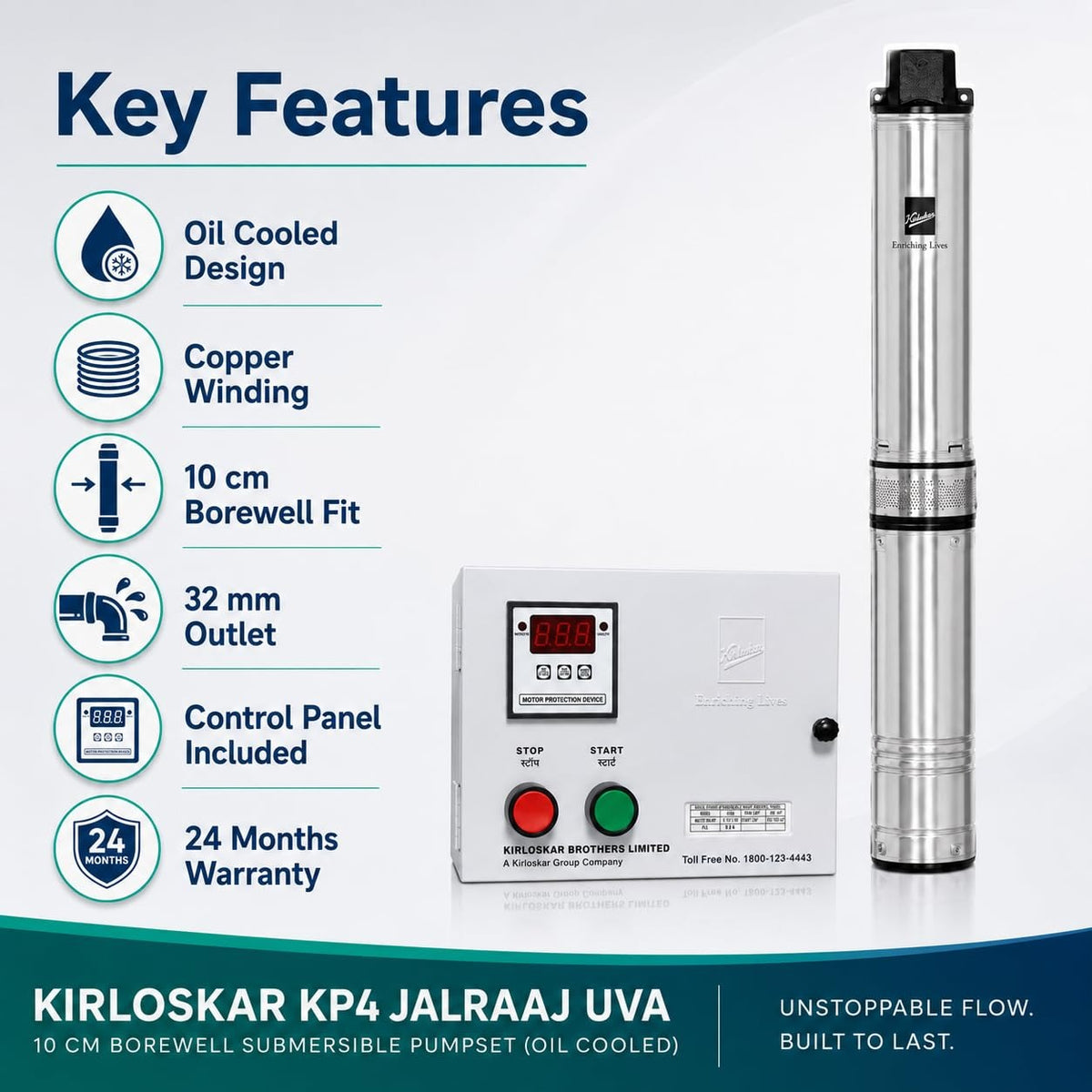 KIRLOSKAR KP4 JALRAAJ UVA 30-2025 - 2 HP - SINGLE PHASE - 169 MTR HEAD - 32 MM SIZE - BOREWELL SUBMERSIBLE PUMP WITH PANEL BOARD - 2 YEAR WARRANTY