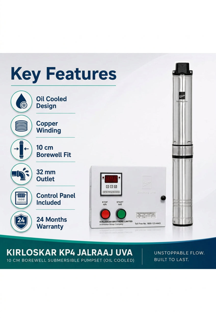 Kirloskar Jalraaj UVA 30-2025 single-phase borewell submersible pump.