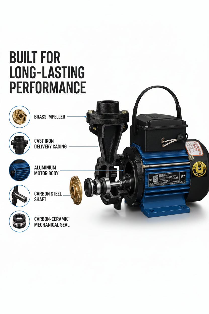 Technical specification label showing 0.5 HP rating on Kirloskar Annika II at Pump Shop AK Brothers.