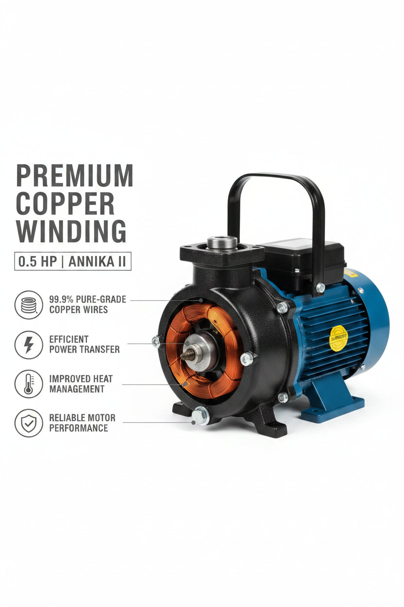Inlet and outlet suction delivery ports on a Kirloskar Annika II water pump sold by Pump Shop AK Brothers