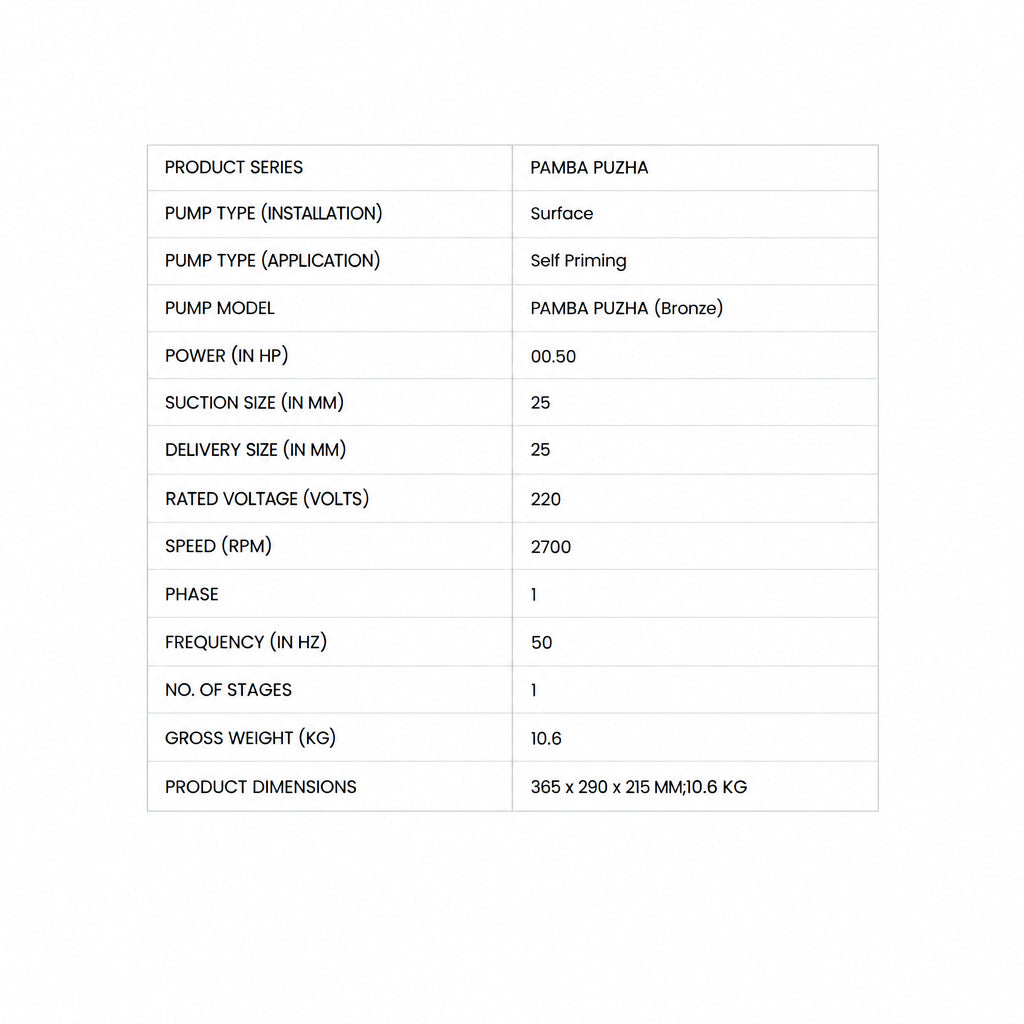 Kirloskar Pamba Puzha Bronze 0.5HP technical details