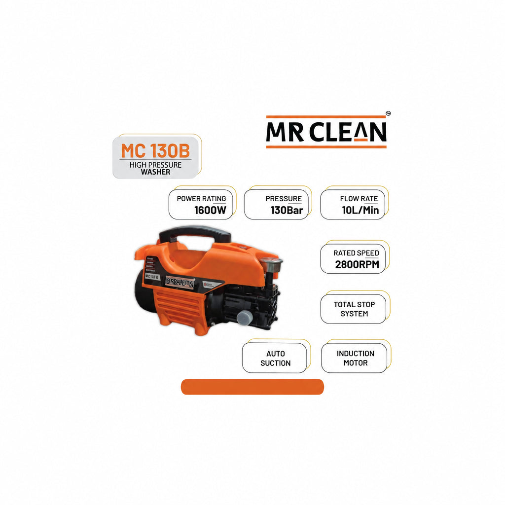 MR CLEAN MC 130B 1600W CAR WASHER – 130 BAR MAX PRESSURE, 10 LPM FLOW