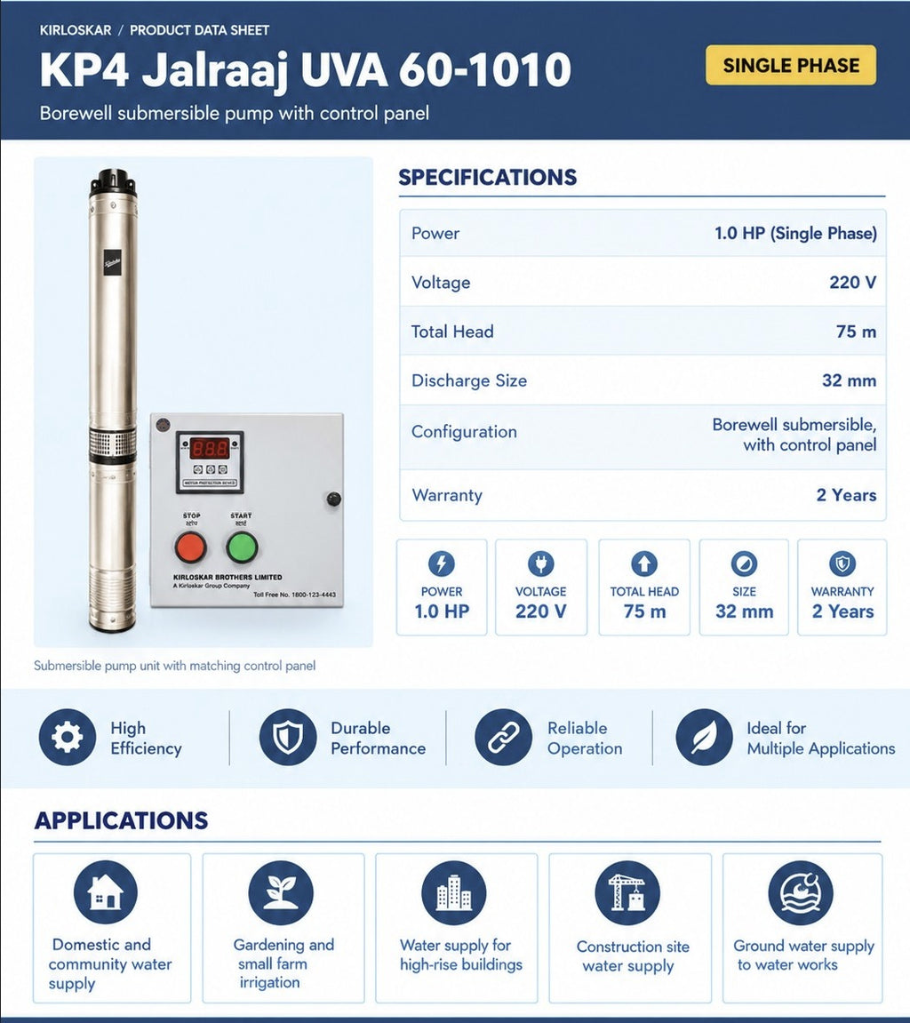 KIRLOSKAR KP4 JALRAAJ UVA 60-1010 - 1 HP - SINGLE PHASE - 75 MTR HEAD-  32 MM SIZE - BOREWELL SUBMERSIBLE PUMP WITH PANEL BOARD - 2 YEAR WARRANTY -
