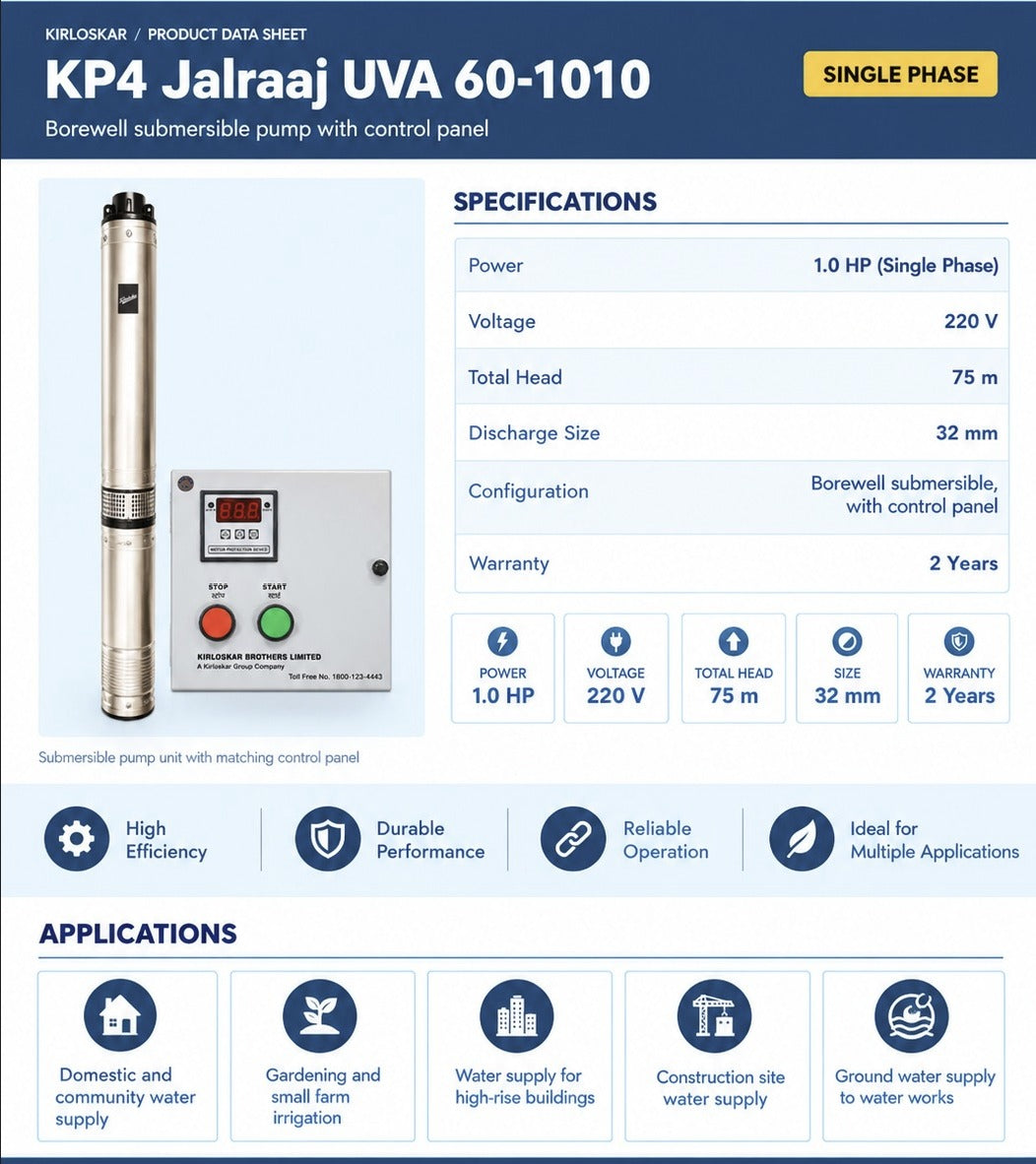 KIRLOSKAR KP4 JALRAAJ UVA 60-1010 - 1 HP - SINGLE PHASE - 75 MTR HEAD-  32 MM SIZE - BOREWELL SUBMERSIBLE PUMP WITH PANEL BOARD - 2 YEAR WARRANTY -