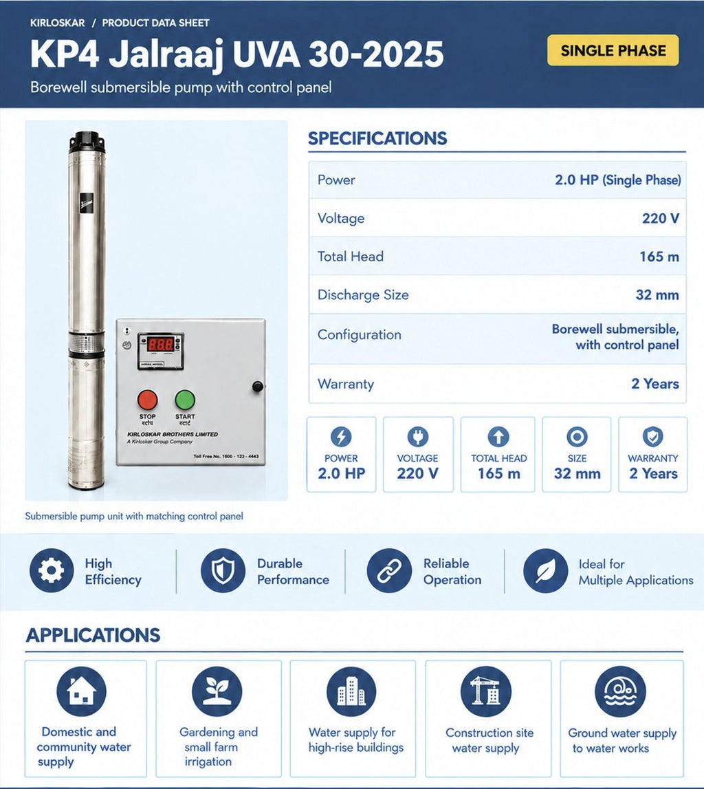 KIRLOSKAR KP4 JALRAAJ UVA 30-2025 - 2 HP - SINGLE PHASE - 169 MTR HEAD - 32 MM SIZE - BOREWELL SUBMERSIBLE PUMP WITH PANEL BOARD - 2 YEAR WARRANTY