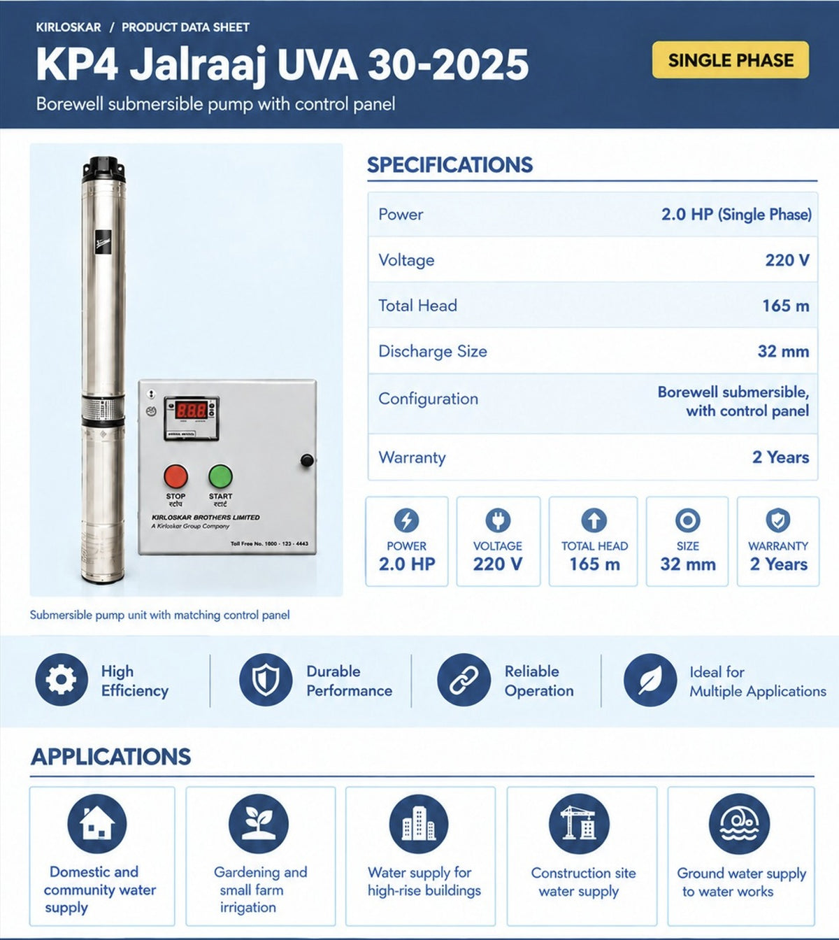 KIRLOSKAR KP4 JALRAAJ UVA 30-2025 - 2 HP - SINGLE PHASE - 169 MTR HEAD - 32 MM SIZE - BOREWELL SUBMERSIBLE PUMP WITH PANEL BOARD - 2 YEAR WARRANTY