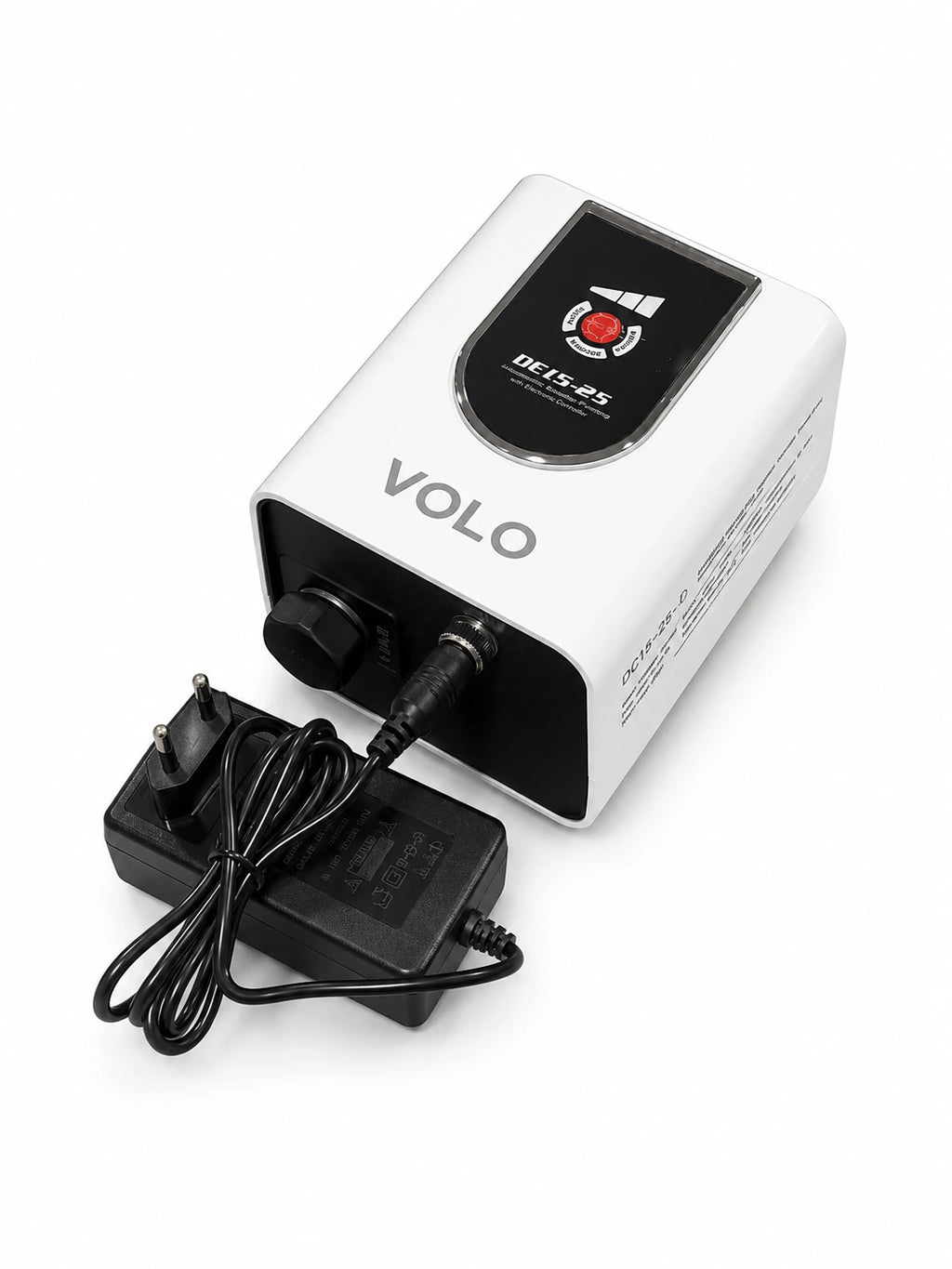 A white and black Volo DEFTY-25 DEBUT25 pump with its black power adapter and cord, shown on a clean white background. AK brothers 