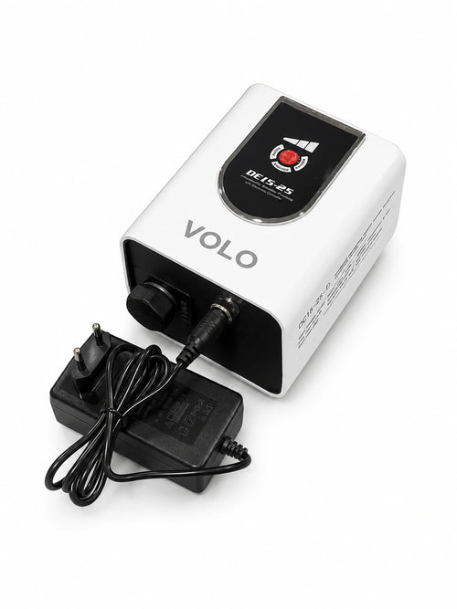 A white and black Volo DEFTY-25 DEBUT25 pump with its black power adapter and cord, shown on a clean white background. AK brothers 