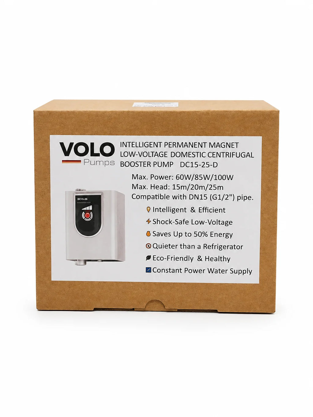 A brown cardboard box for a Volo Plumber low-voltage domestic centrifugal booster pump, featuring a white label with product details and a small product photo.