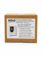 A brown cardboard box for a Volo Plumber low-voltage domestic centrifugal booster pump, featuring a white label with product details and a small product photo.
