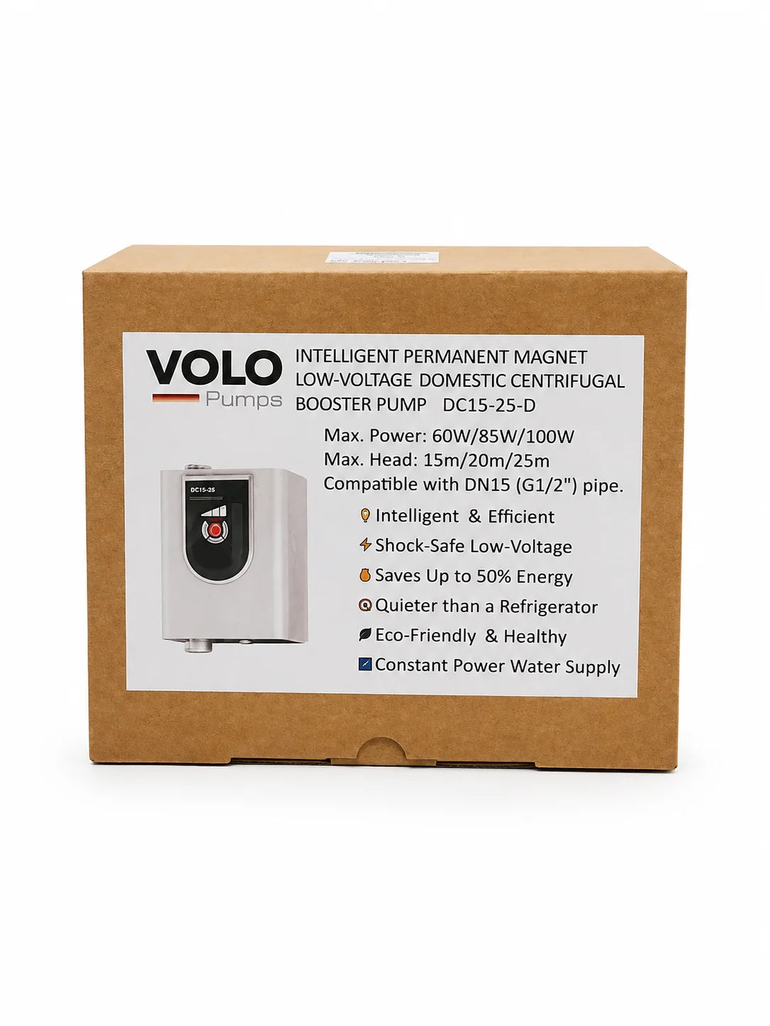 A brown cardboard box for a Volo Plumber low-voltage domestic centrifugal booster pump, featuring a white label with product details and a small product photo.