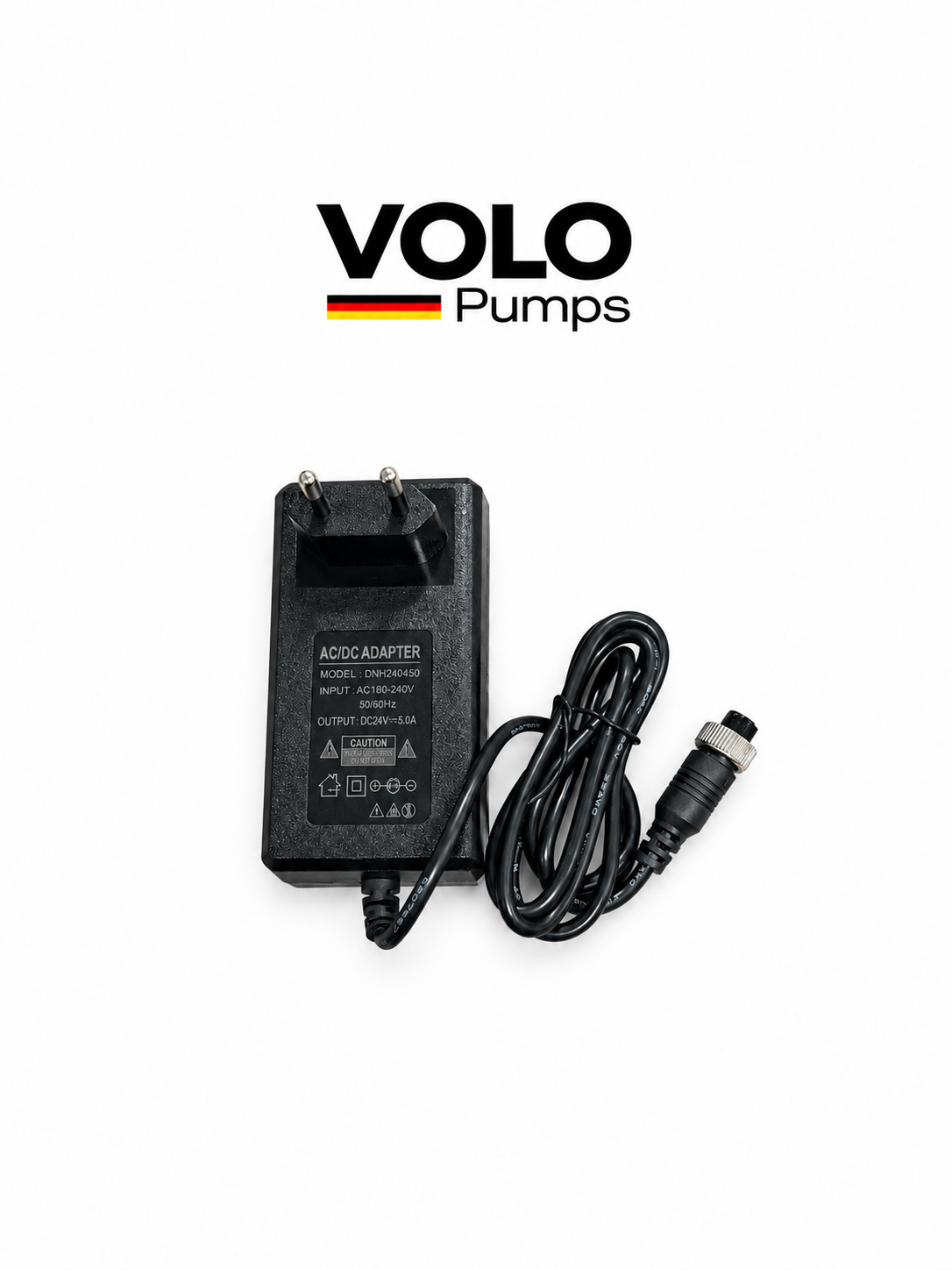 Power adapter for VOLO DC15-25 100W booster pump with a two-pin plug, coiled cable and DC connector on a white background