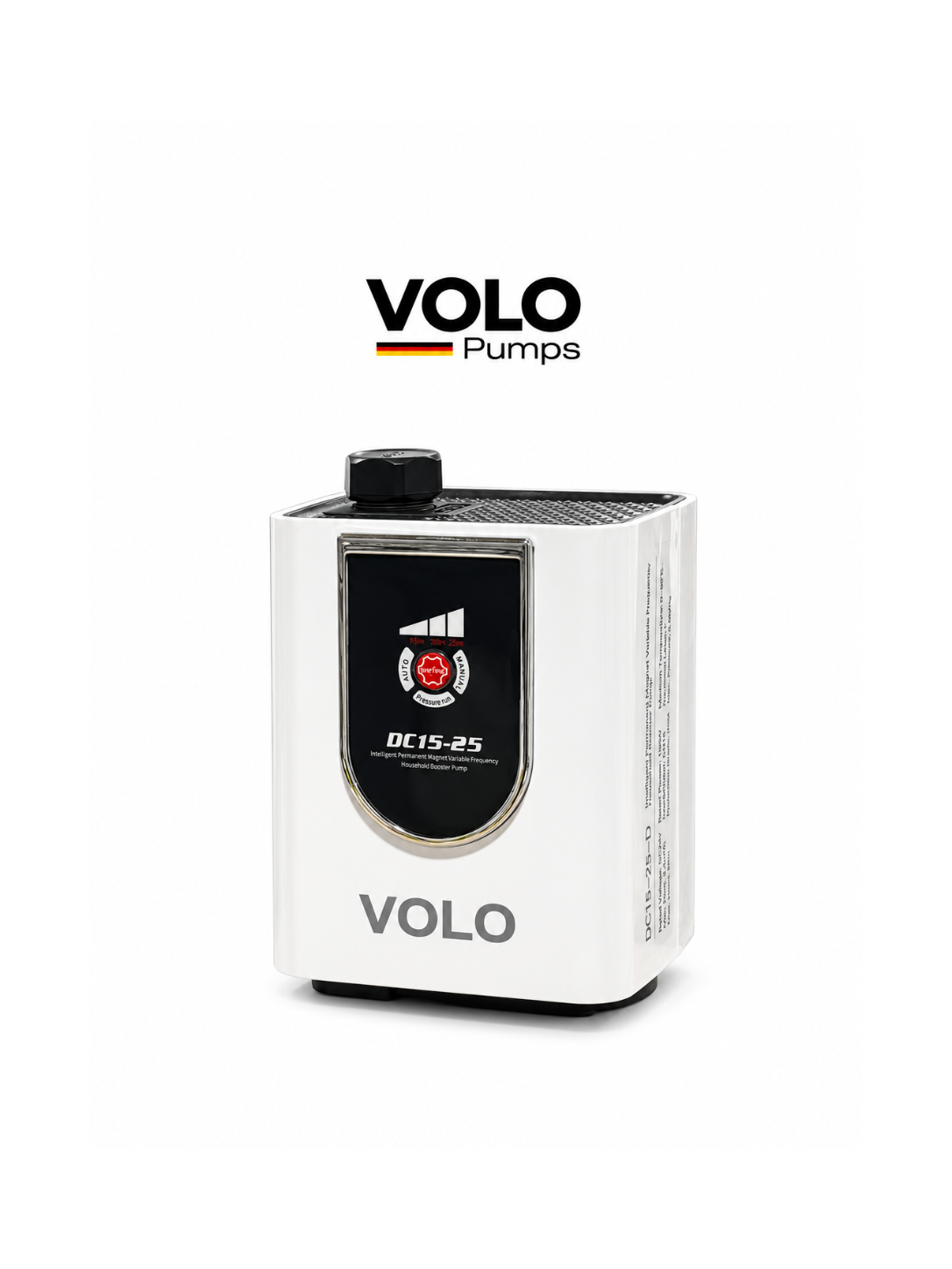 Front angled view of VOLO DC15-25 100W BLDC pressure booster pump showing its control panel and white casing