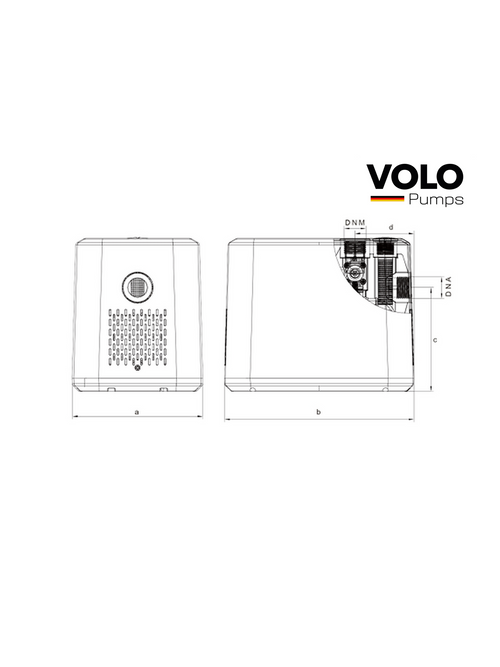 Front and side dimension drawings of the VOLO ZB4-30 pressure booster pump.