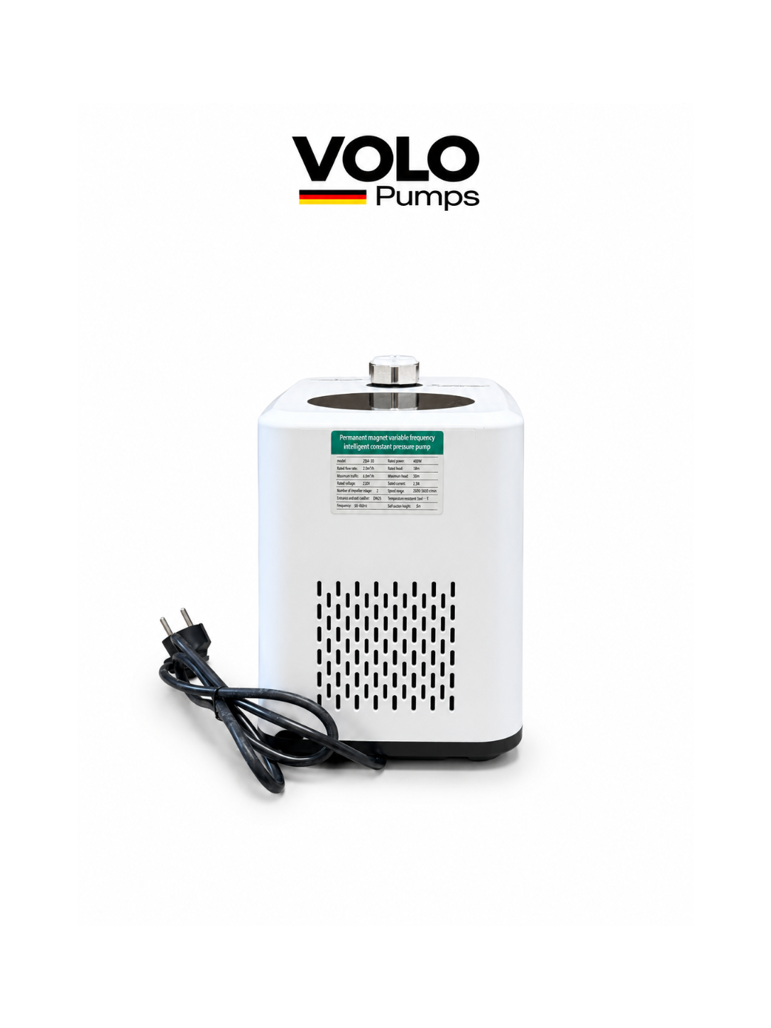 Angled view of the VOLO 900W BLDC pump showing the inlet and outlet connections