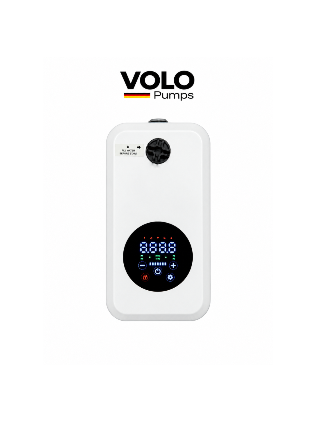 Side view of the white VOLO ZB6-55 pressure booster pump with VOLO Pumps branding